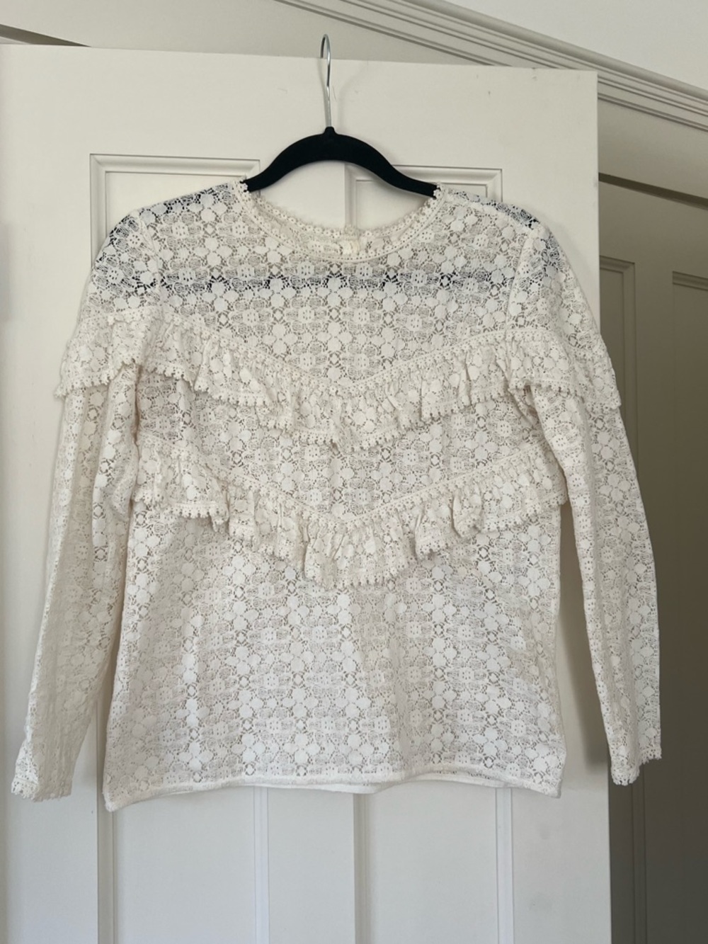 Sezane Lace Ruffle Long-Sleeve Top - Ivory